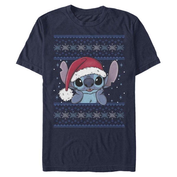 Disney - Lilo & Stitch - Stitch Holiday Wearing Santa Hat - Men's T-Shirt - Navy - Front