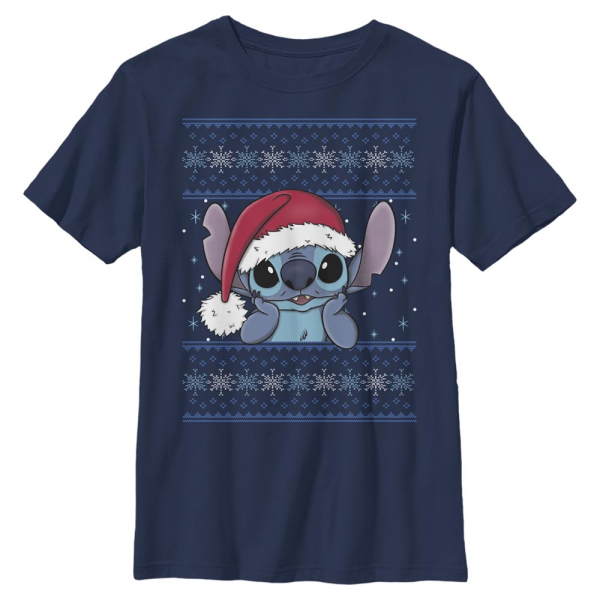 Disney - Lilo & Stitch - Stitch Holiday Wearing Santa Hat - Kids T-Shirt - Navy - Front