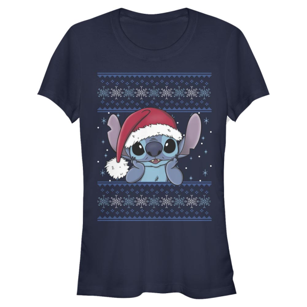 Disney - Lilo & Stitch - Stitch Holiday Wearing Santa Hat - Women's T-Shirt - Navy - Front